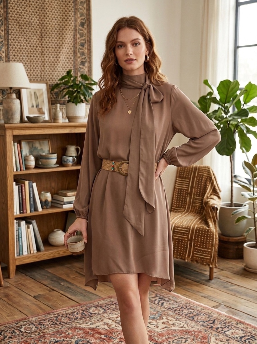 Zanzea Taupe Old Money Bow Collar Tie-Neck Long Sleeve Tunic Mini Dress L